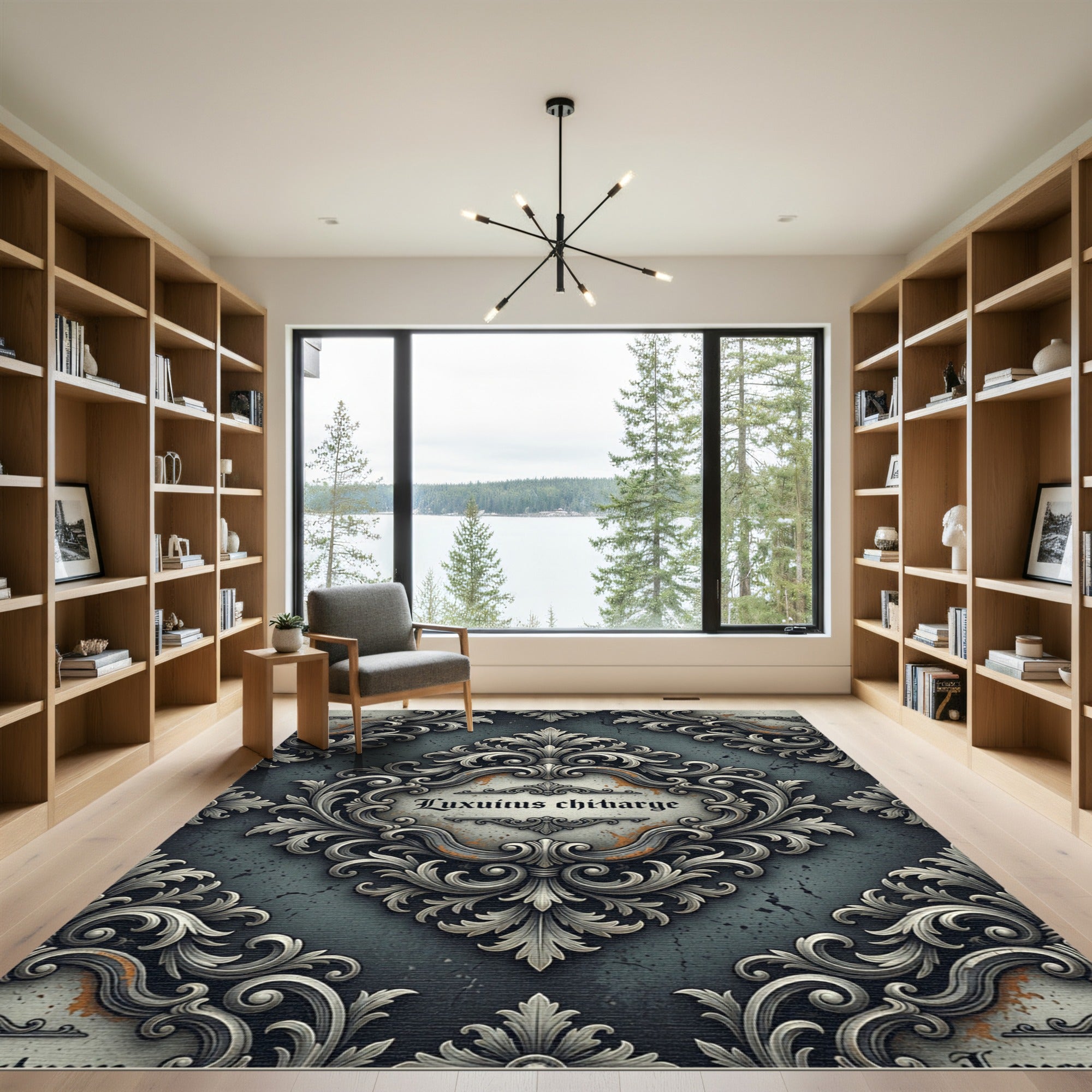 Ornate Silver Scrollwork Grey Damask Rug
