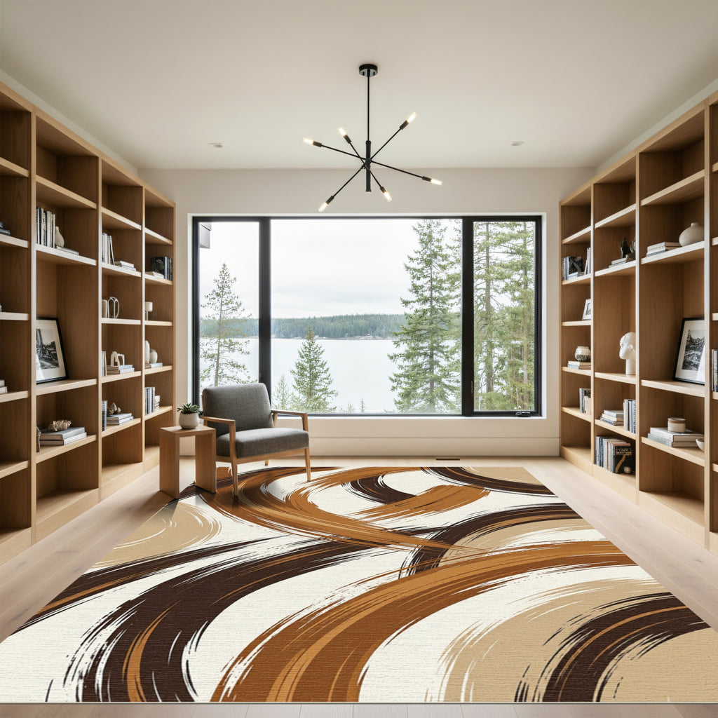 Abstract Earthy Brown Brushstroke Swirl Rug