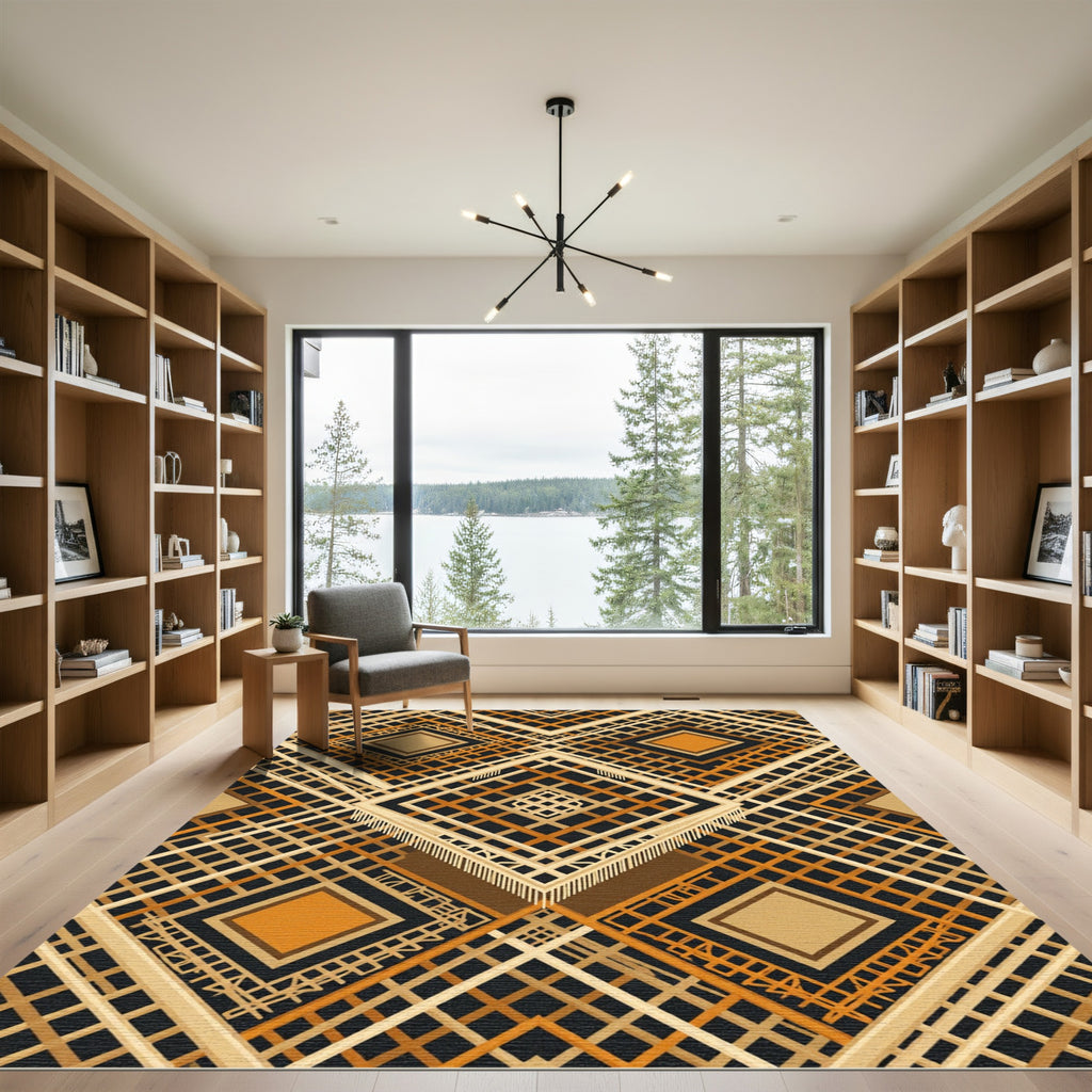 Geometric Amber Ochre Diamond Lattice Rug