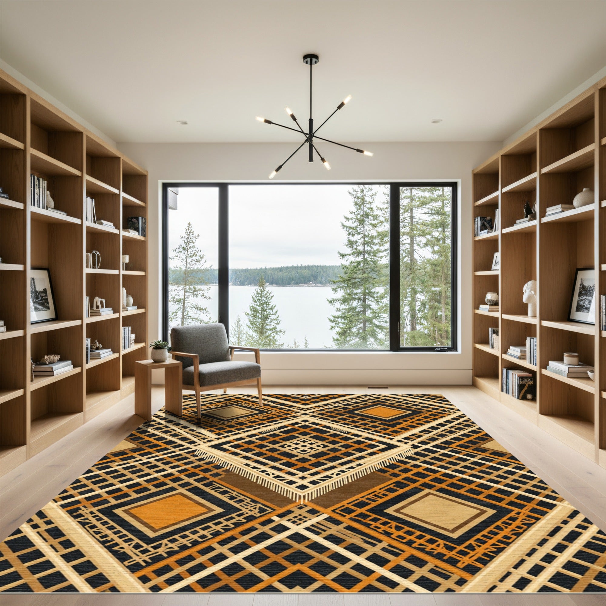 Geometric Amber Ochre Diamond Lattice Rug