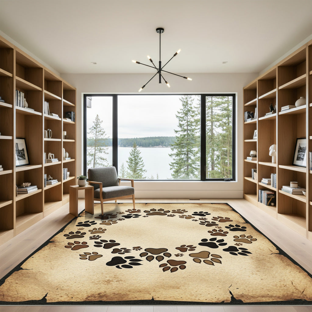 Rustic Earthy Paw Print Circular Border Rug