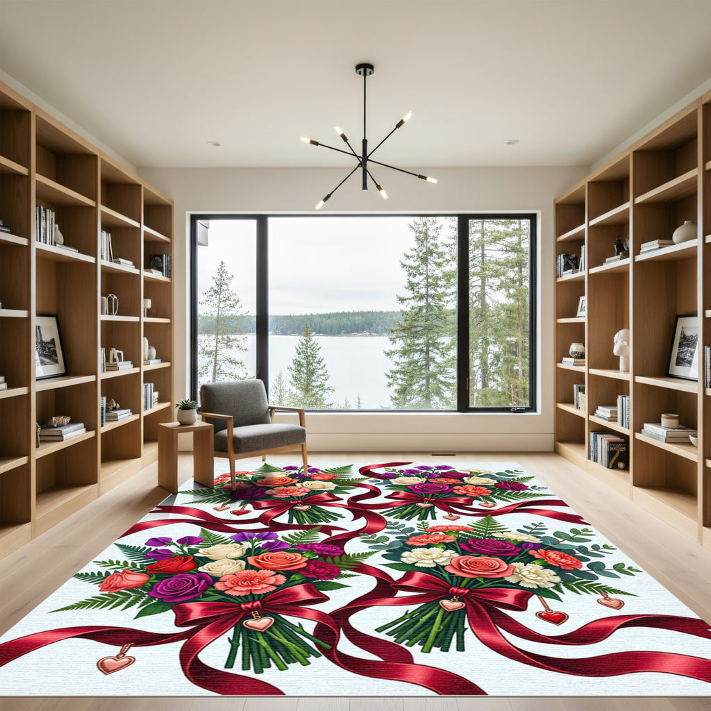 Vibrant Floral Heart Ribbon Bouquet Collection Rug