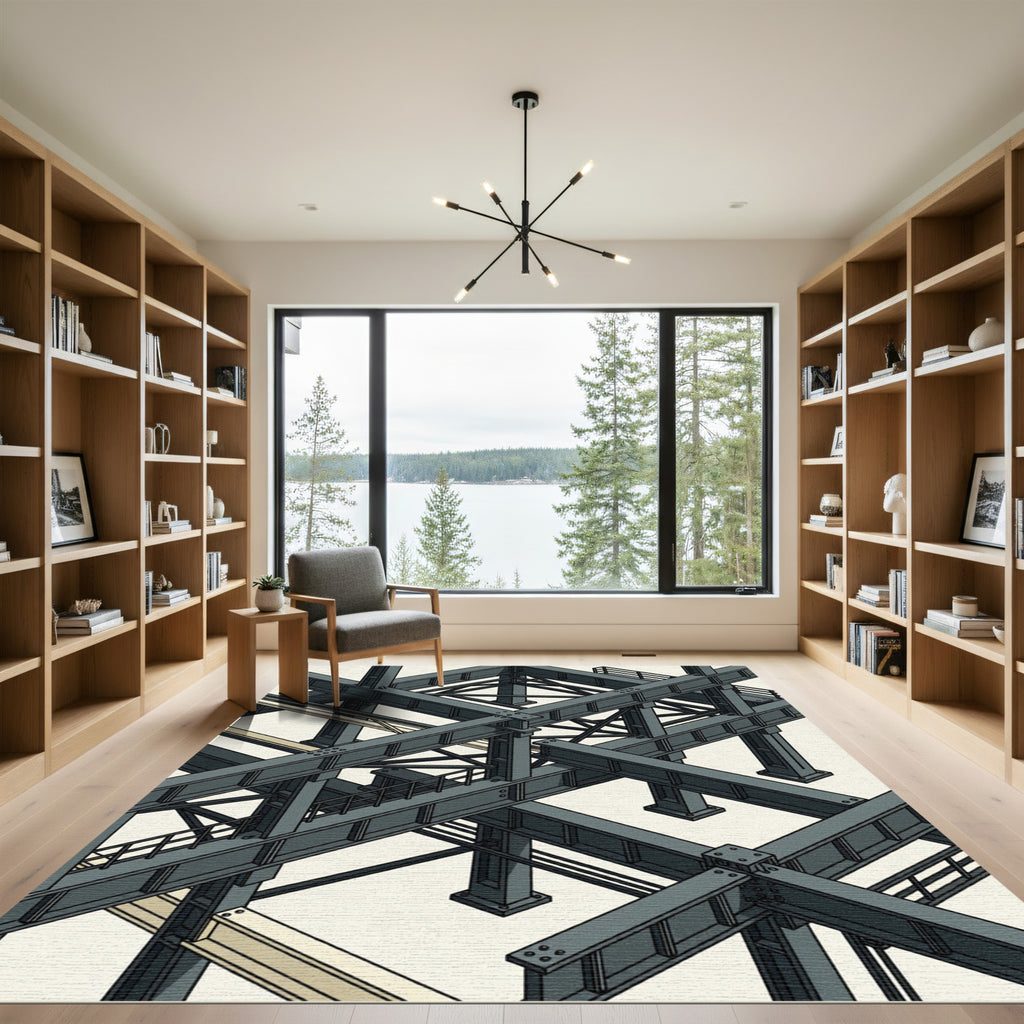 Industrial Gray Isometric Steel Beam Grid Rug