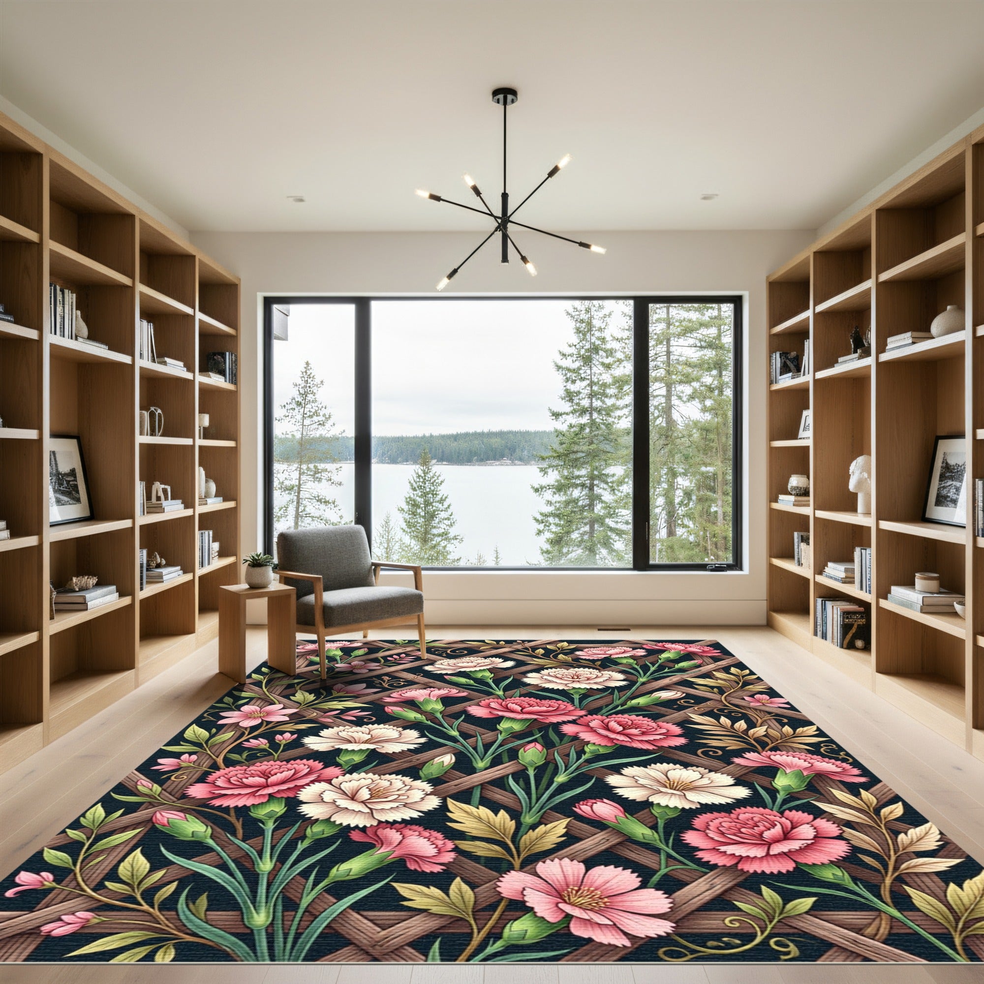 Blushing Carnation Trellis Dark Floral Rug