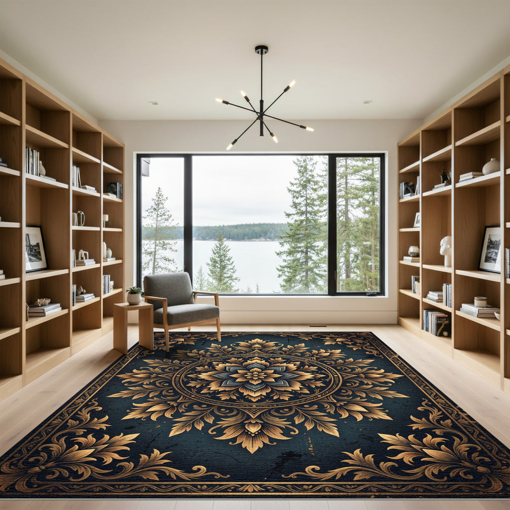 Gold Floral Medallion Slate Decorative Area Rug