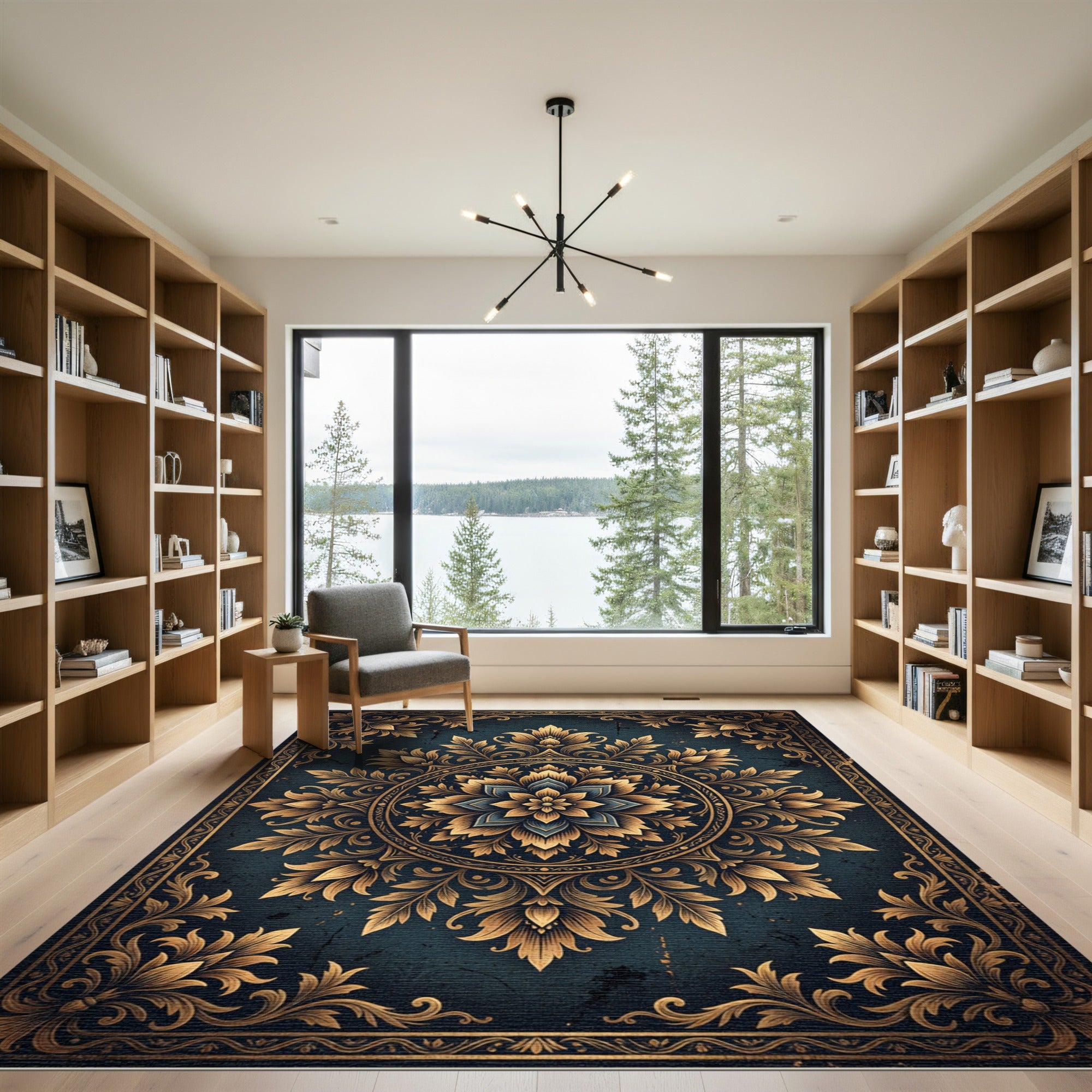 Gold Floral Medallion Slate Decorative Area Rug