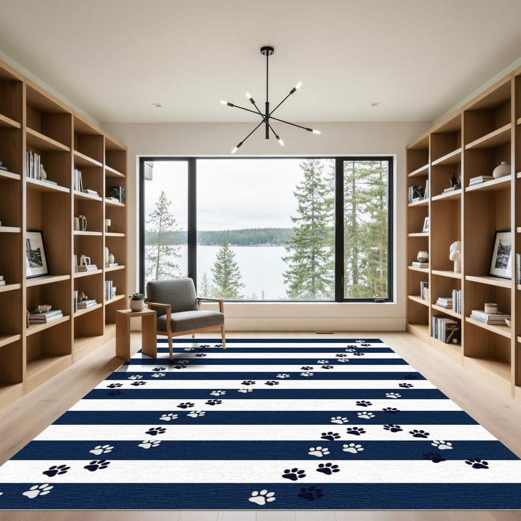 Navy Blue Striped Playful Paw Rug
