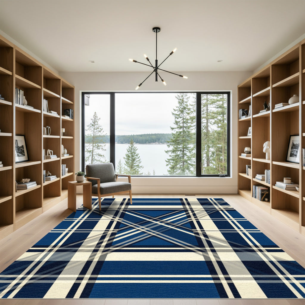 Contemporary Navy and Cream Plaid Rug
