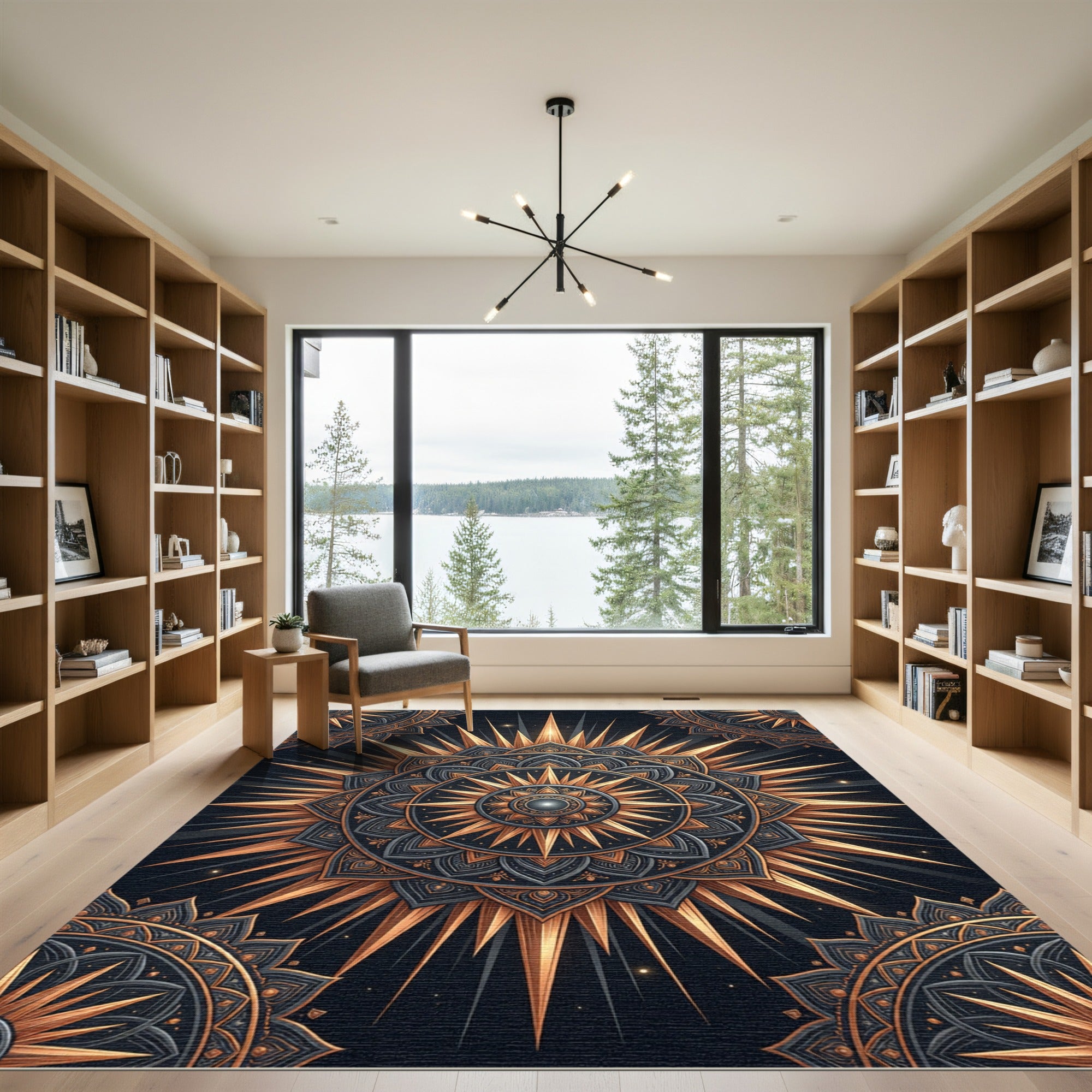 Golden Sunburst Medallion Black Rug