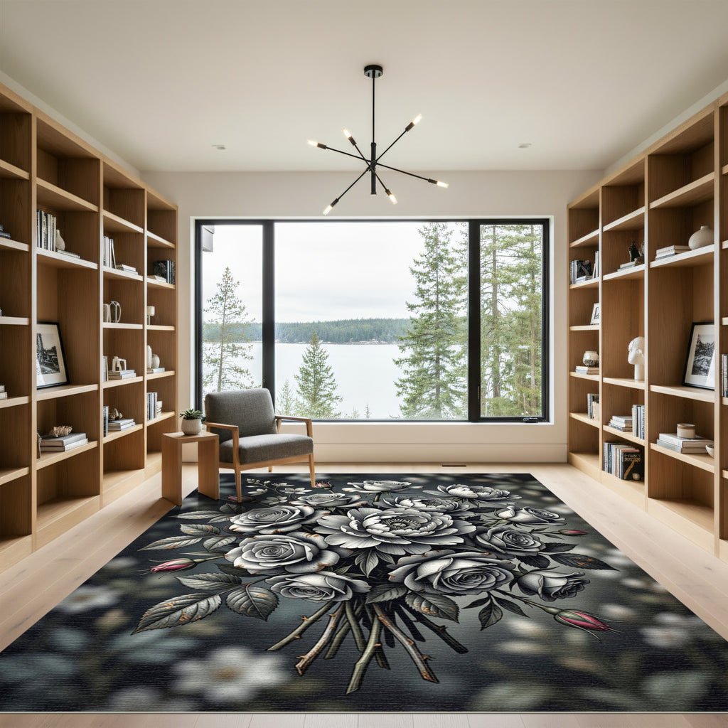 Monochrome Rose Floral Bouquet Art Rug