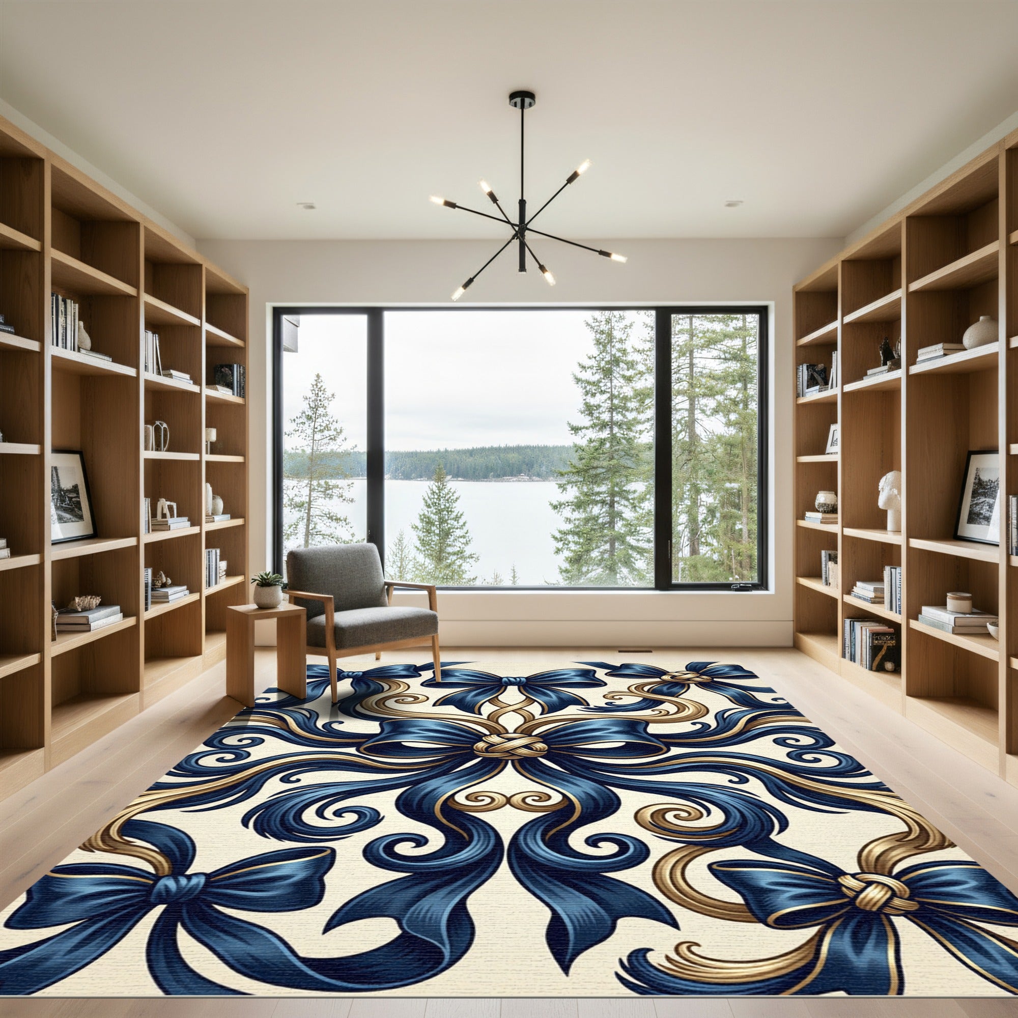 Elegant Navy Ribbon and Gold Scroll Rug