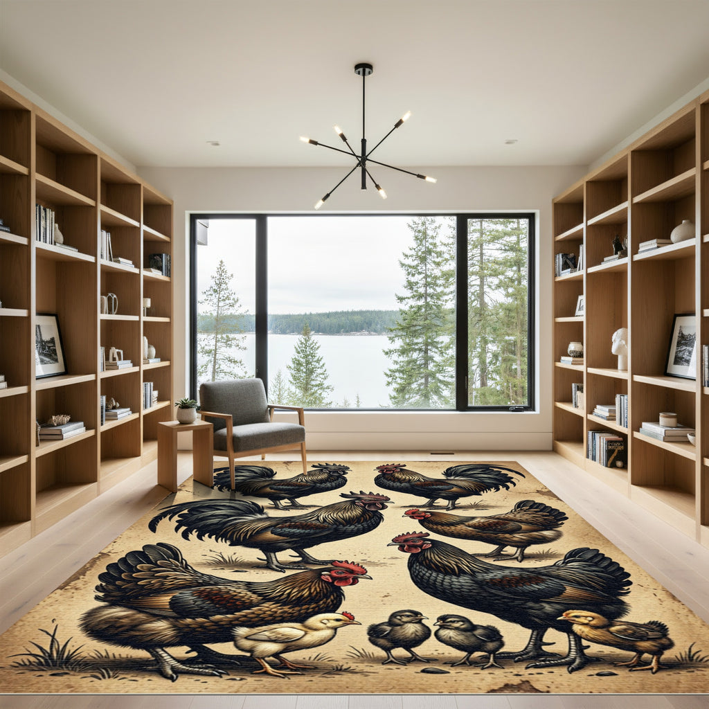 Vintage Farmhouse Rooster Ensemble Illustration Rug