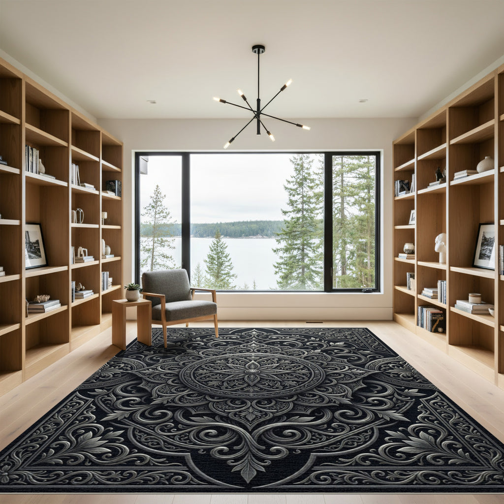Ornate Gray Floral Mandala Rug
