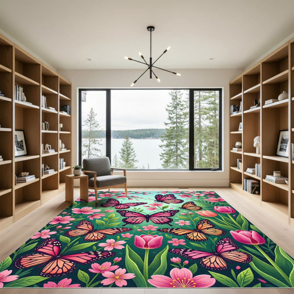 Pink Purple Butterflies Among Tulips Rug