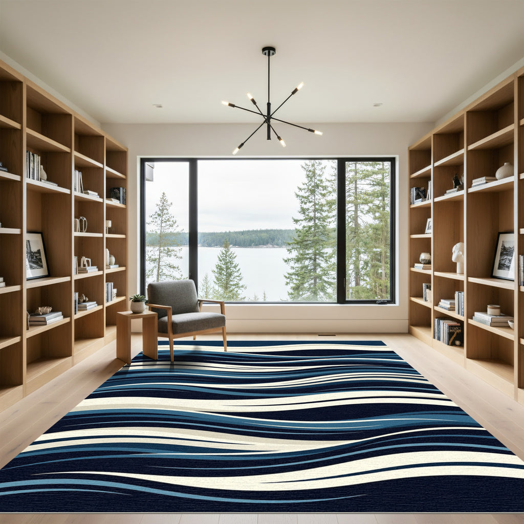 Deep Blue Cream Abstract Waves Rug