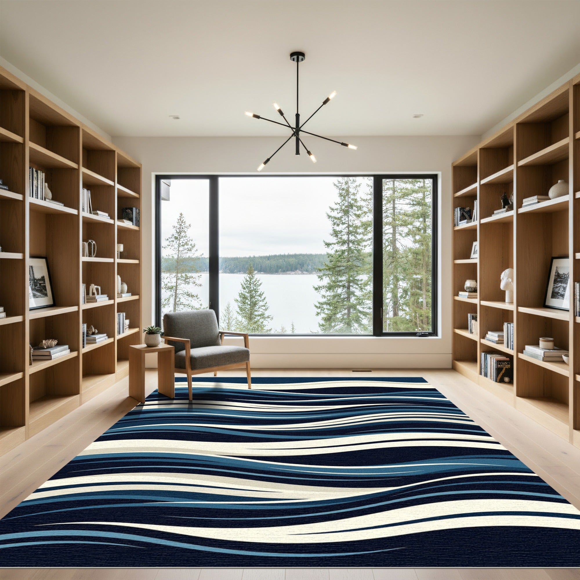 Deep Blue Cream Abstract Waves Rug