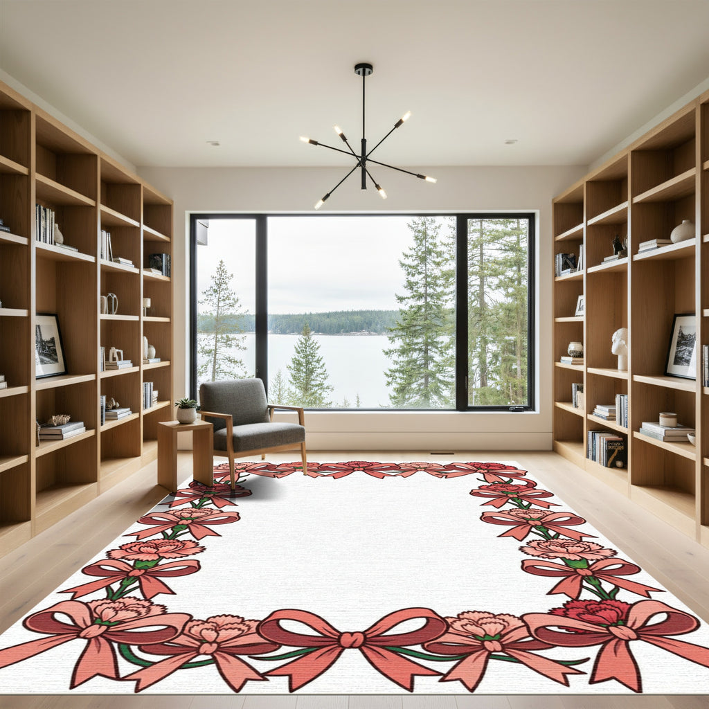 Pink Carnation Floral Bow Border Rug