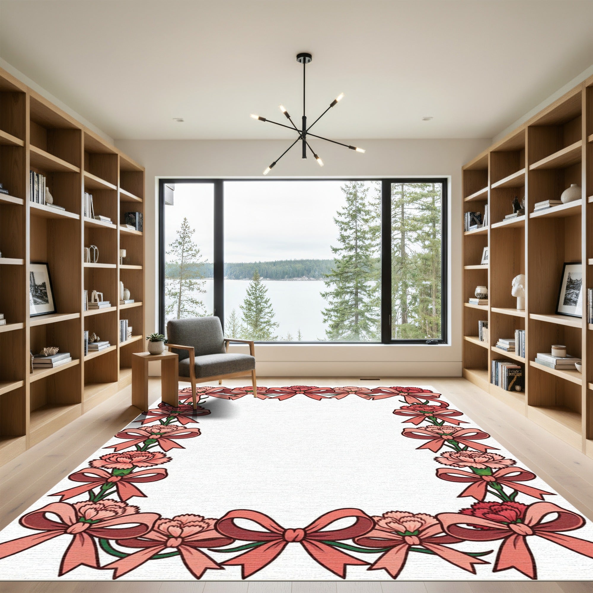 Pink Carnation Floral Bow Border Rug