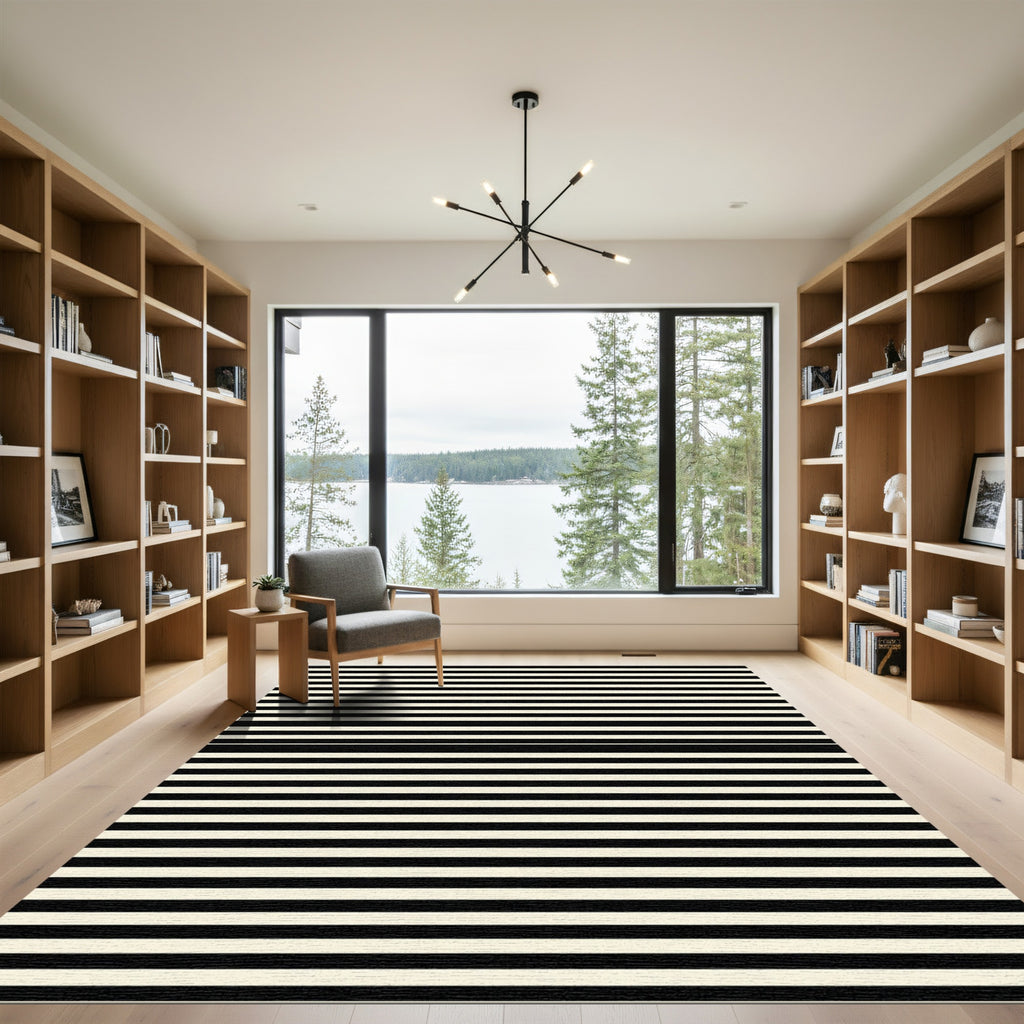 Minimalist Black and Cream Horizontal Striped Rug
