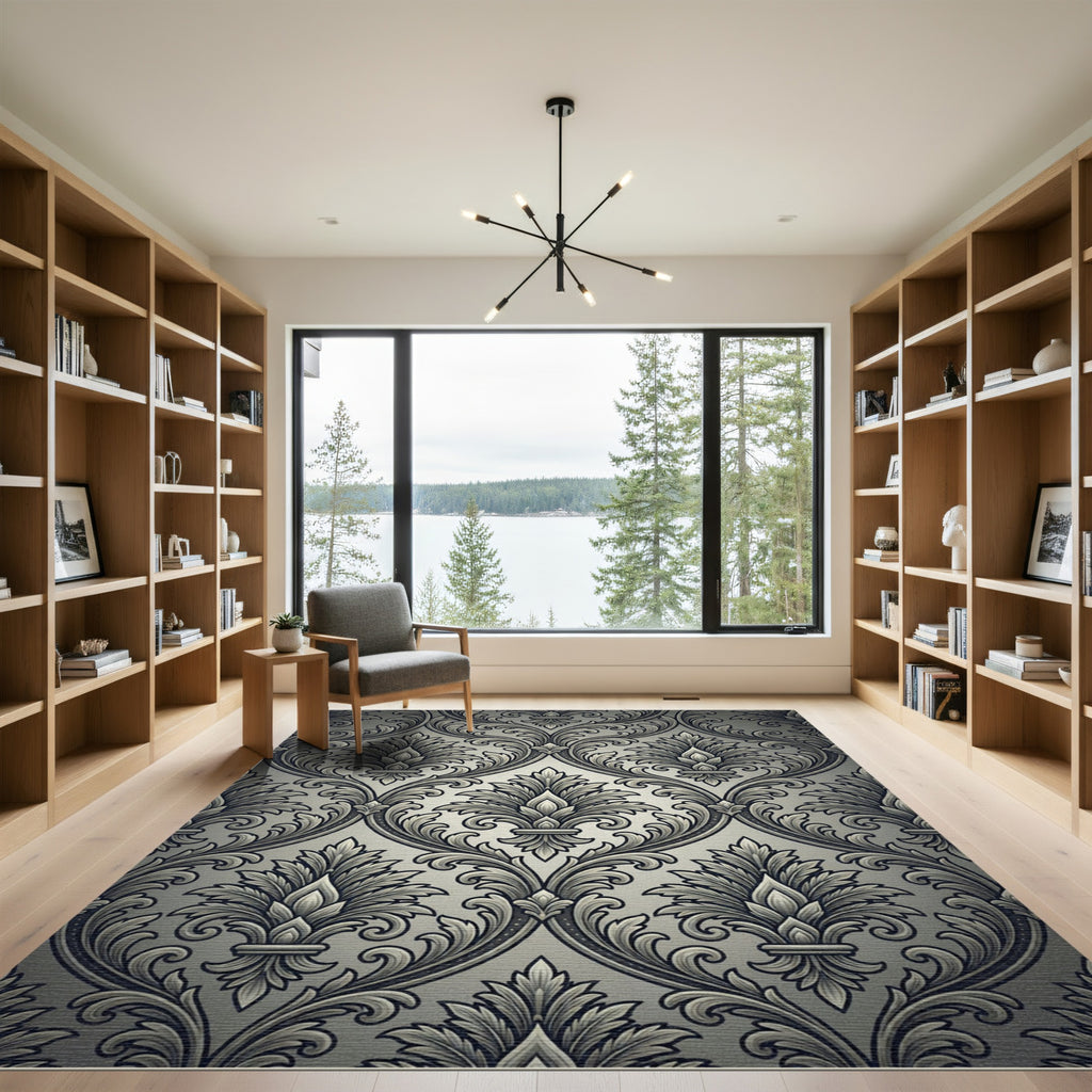 Monochrome Ornate Damask Fleur de Lis Rug