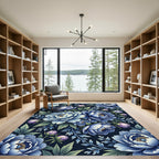 Elegant Navy Blue Peony Botanical Garden Rug