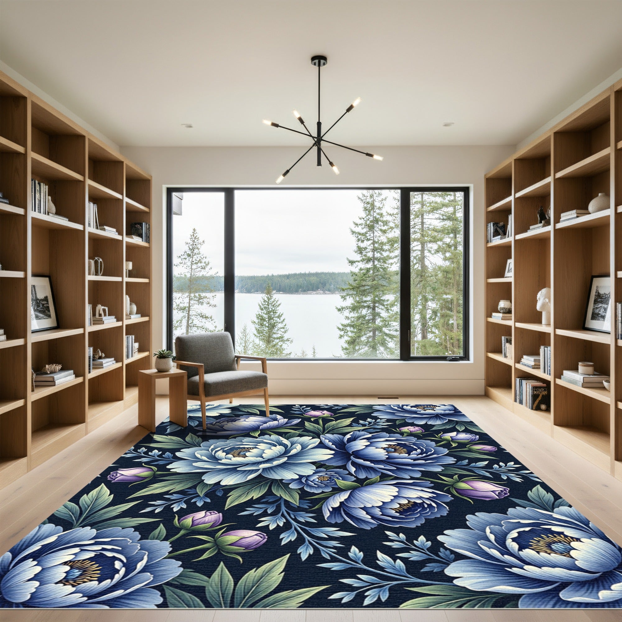 Elegant Navy Blue Peony Botanical Garden Rug