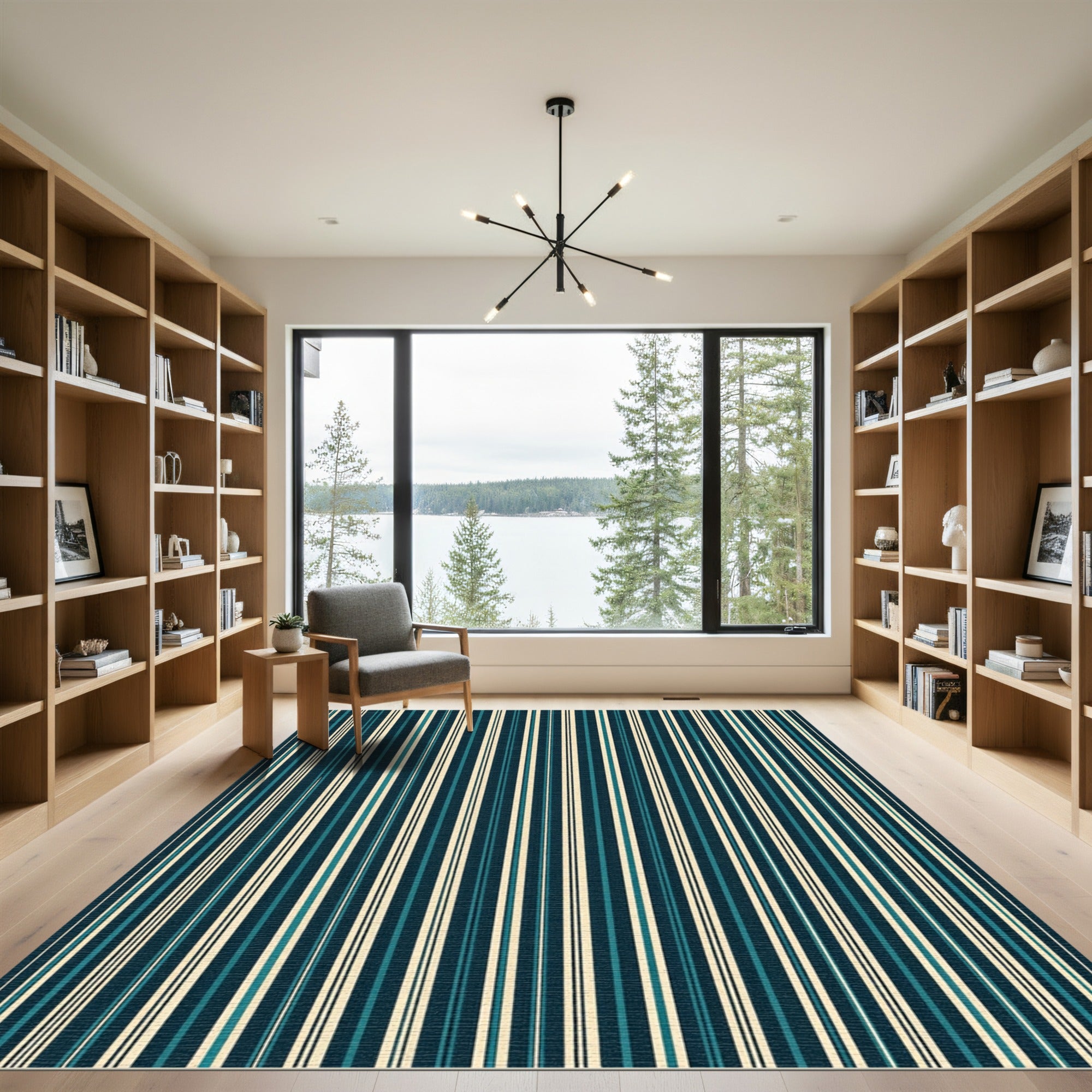 Modern Navy and Cream Vertical Stripe Rug