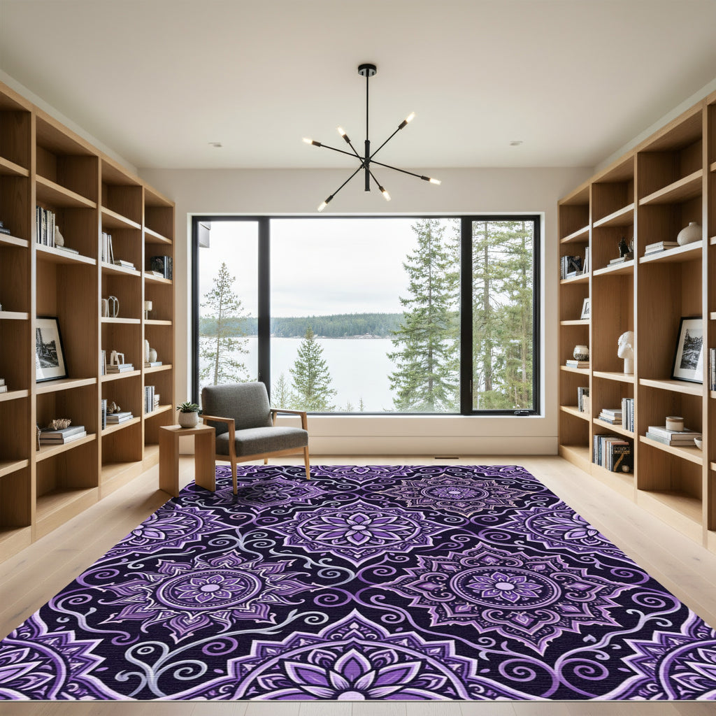 Regal Purple Floral Mandala Scroll Rug