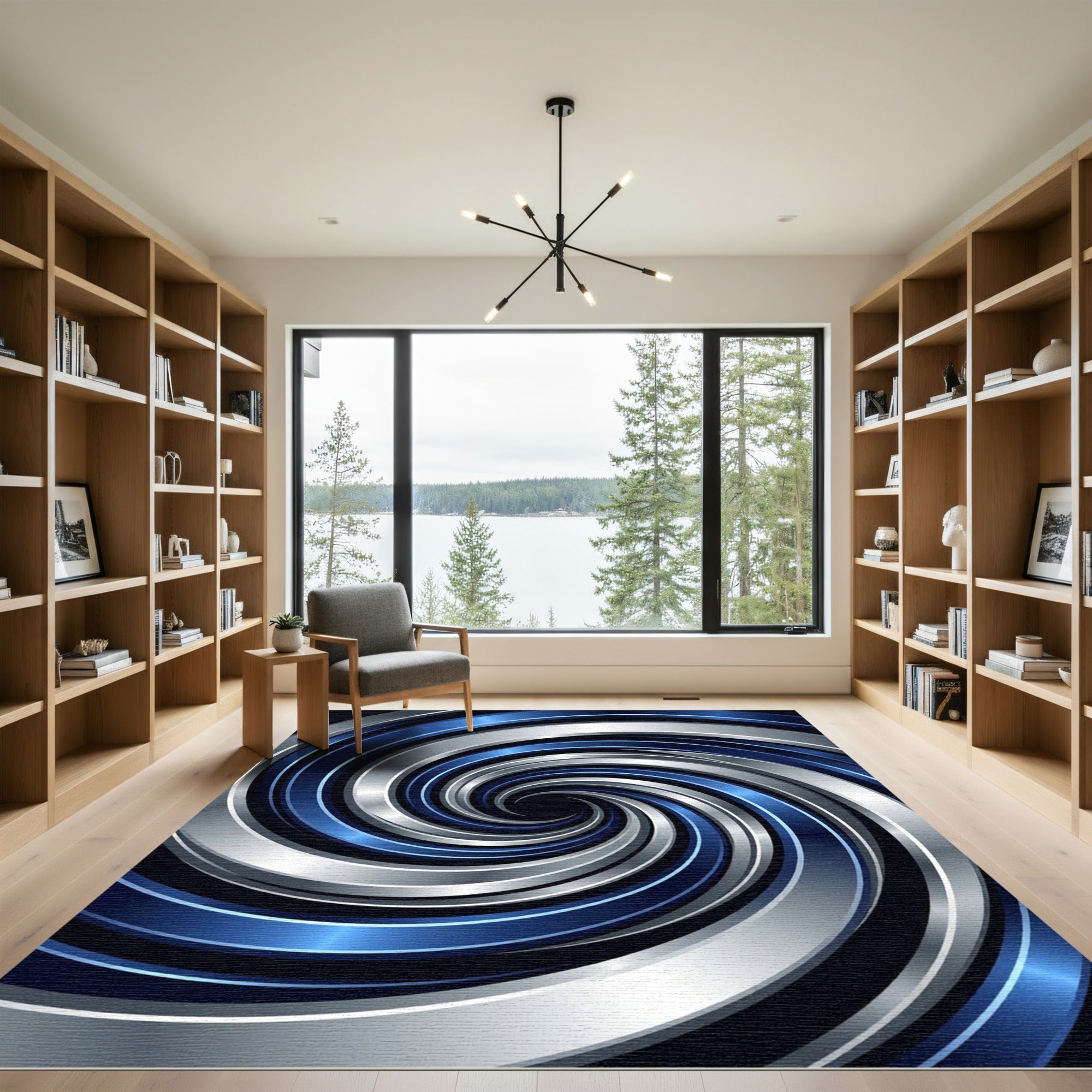 Modern Metallic Blue Silver Swirl Rug