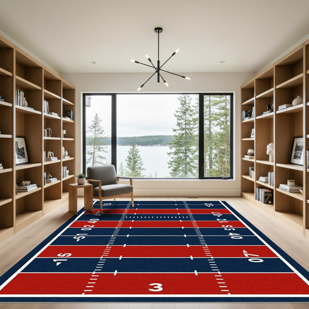 Modern Navy Red Grid Sports Field Rug