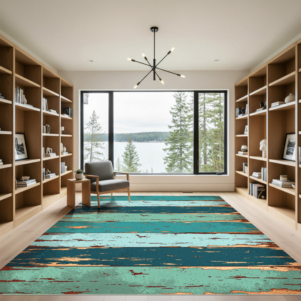 Distressed Teal Copper Wood Plank Rug