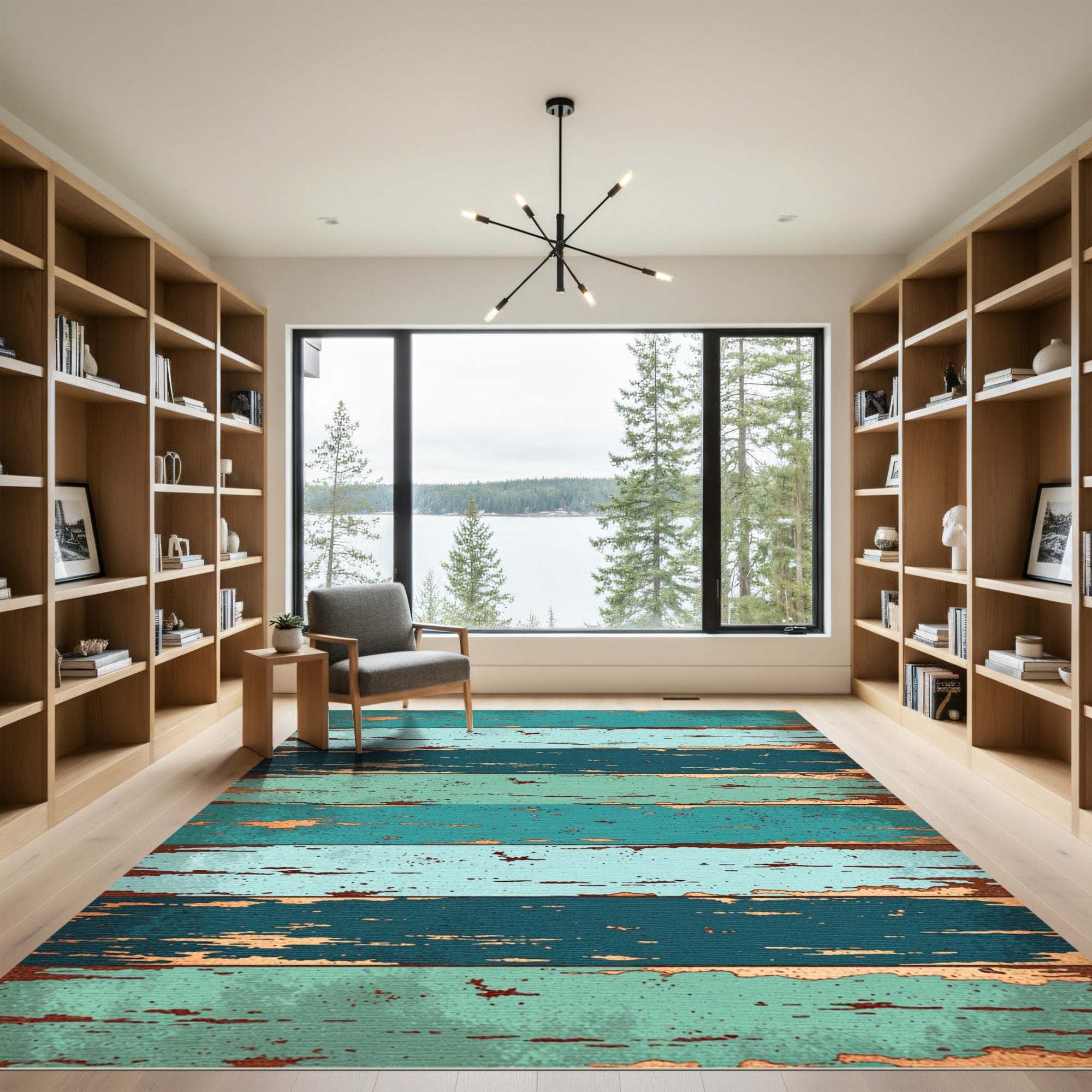 Distressed Teal Copper Wood Plank Rug