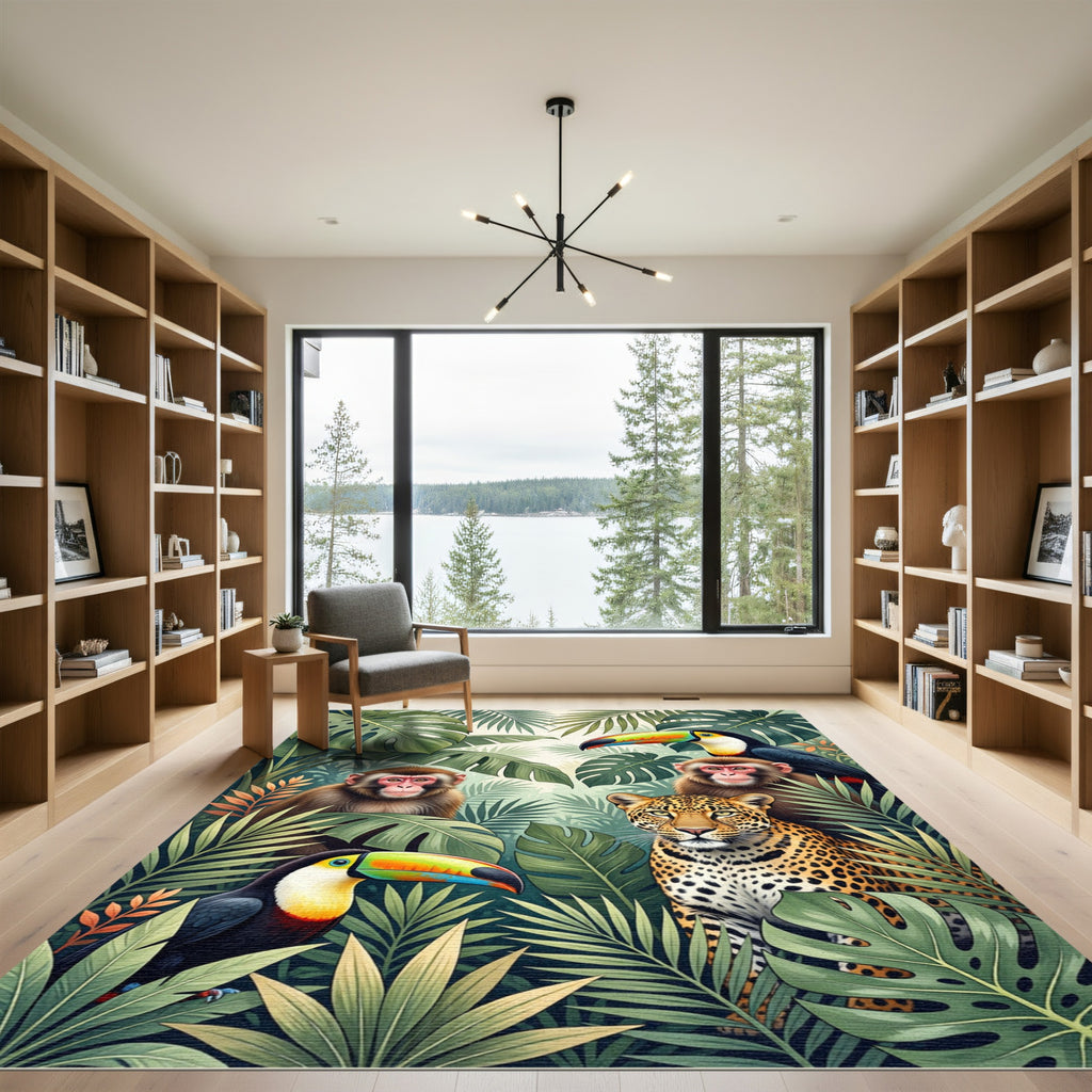 Vibrant Tropical Jungle Wildlife Scene Rug