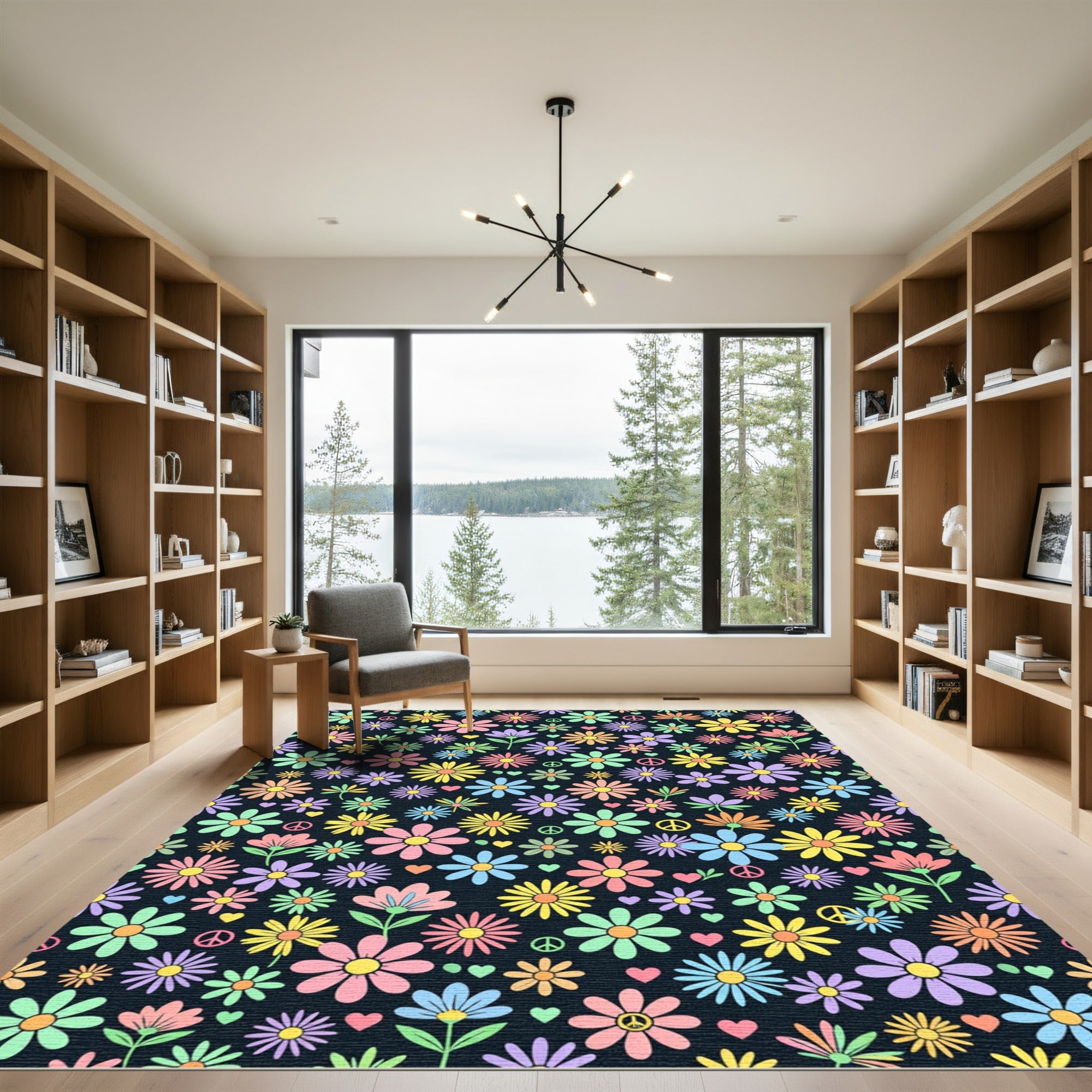Retro Colorful Daisy Peace Sign Floral Rug