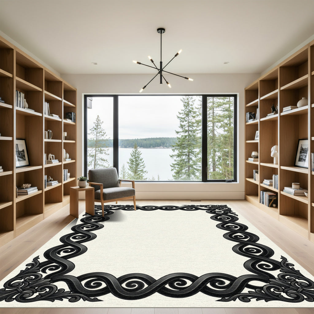 Elegant Black Ornate Scrollwork Frame Rug