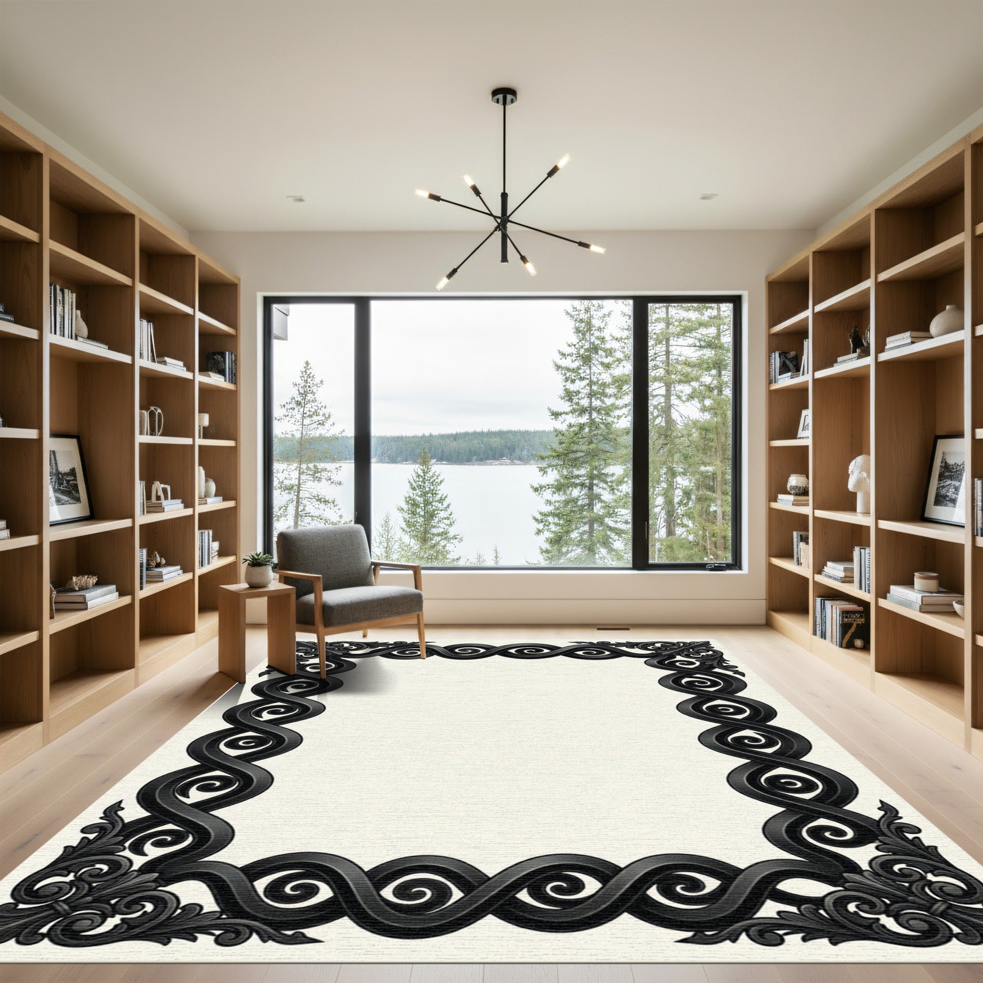 Elegant Black Ornate Scrollwork Frame Rug