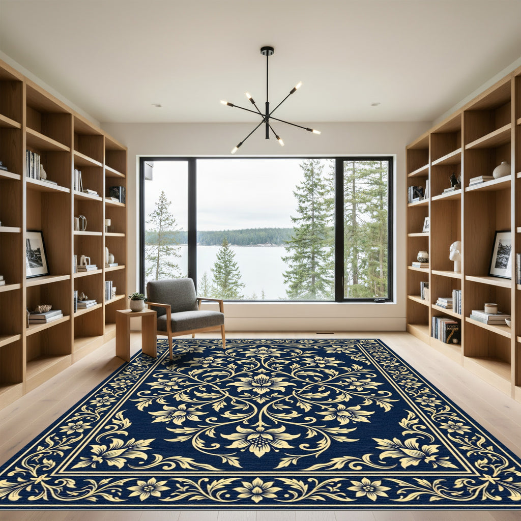 Elegant Gold Floral Damask Navy Rug
