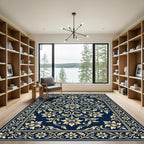 Elegant Gold Floral Damask Navy Rug