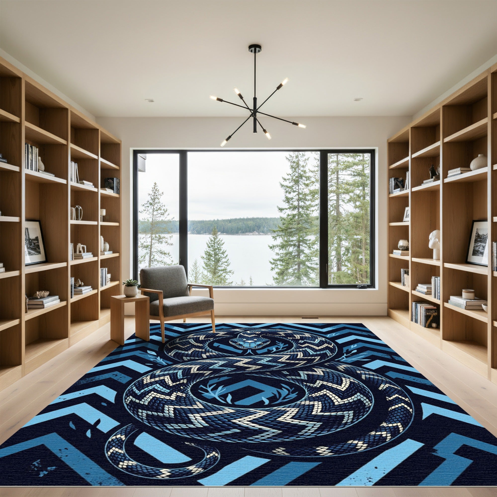 Blue Coiled Serpent Geometric Chevron Rug
