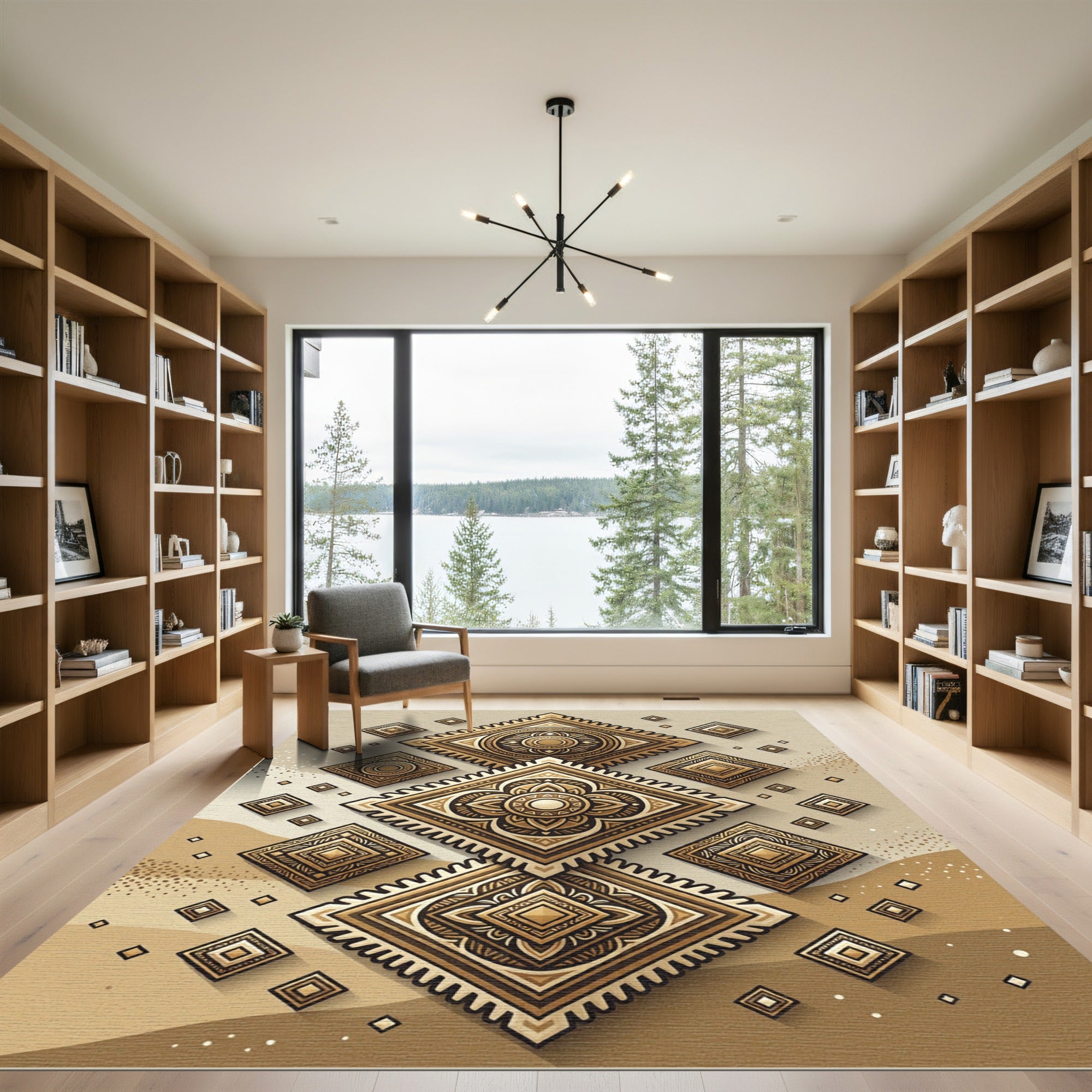 Golden Earth Tone Geometric Diamond Overlay Rug