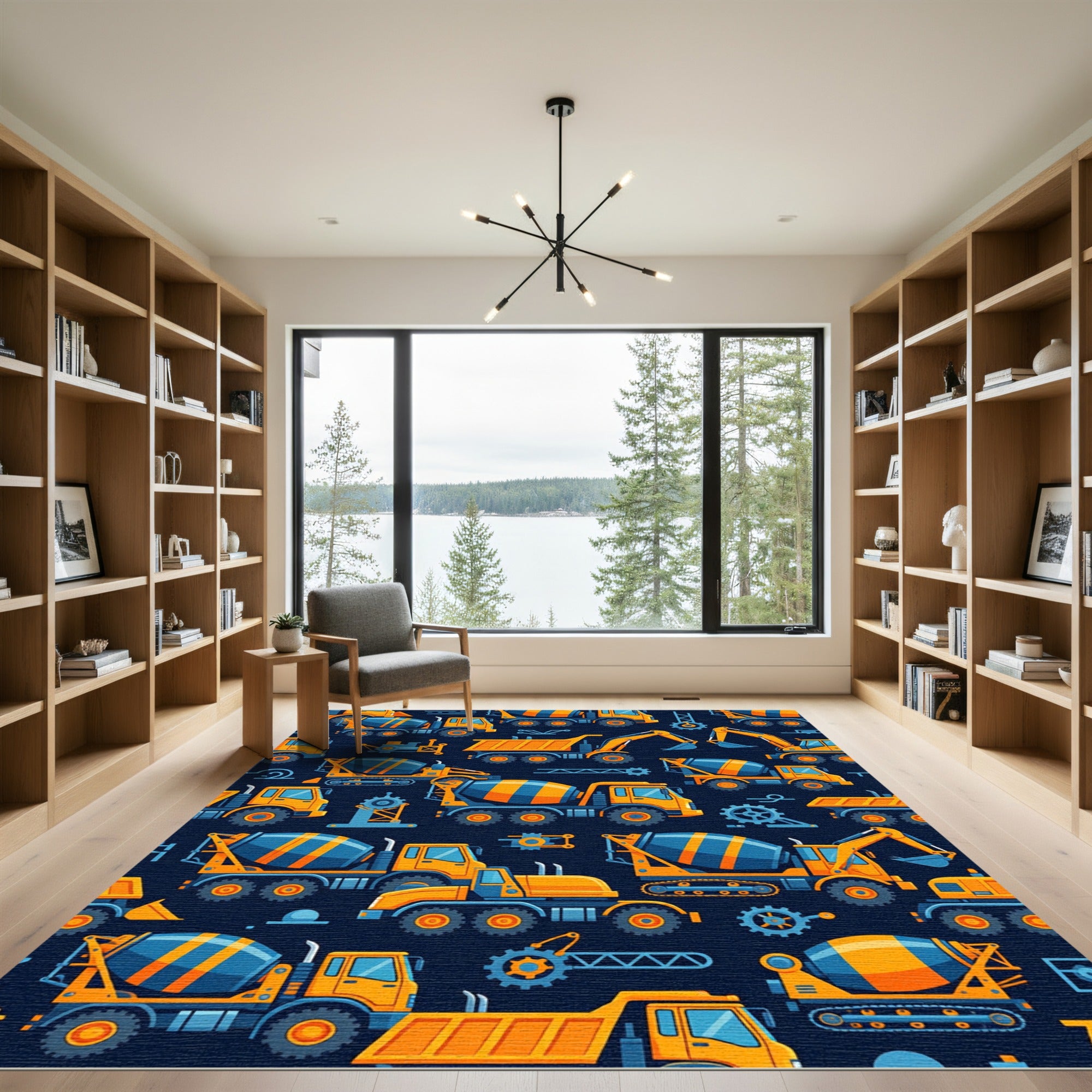 Vibrant Yellow Construction Truck Fleet Rug