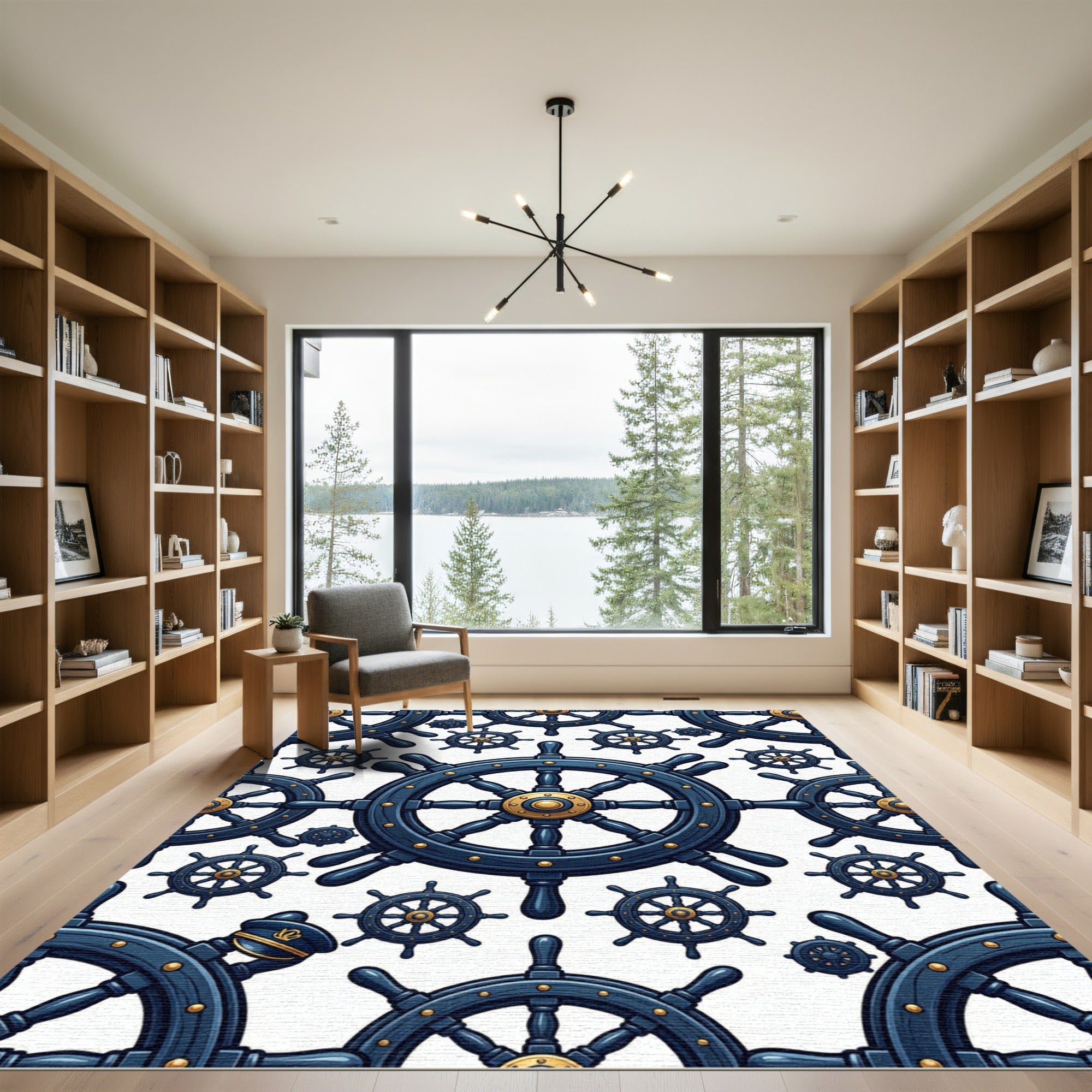 Navy Nautical Ship Wheel Emblem Rug