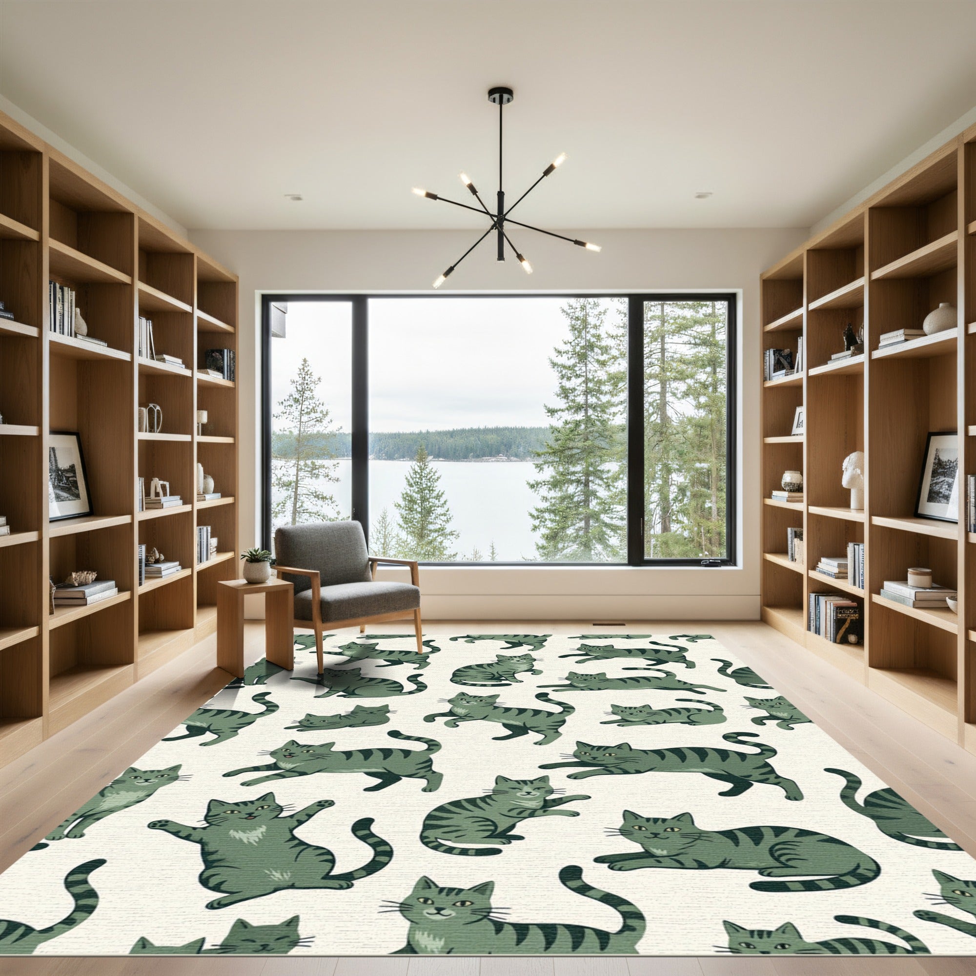 Whimsical Sage Green Tabby Cat Illustration Rug