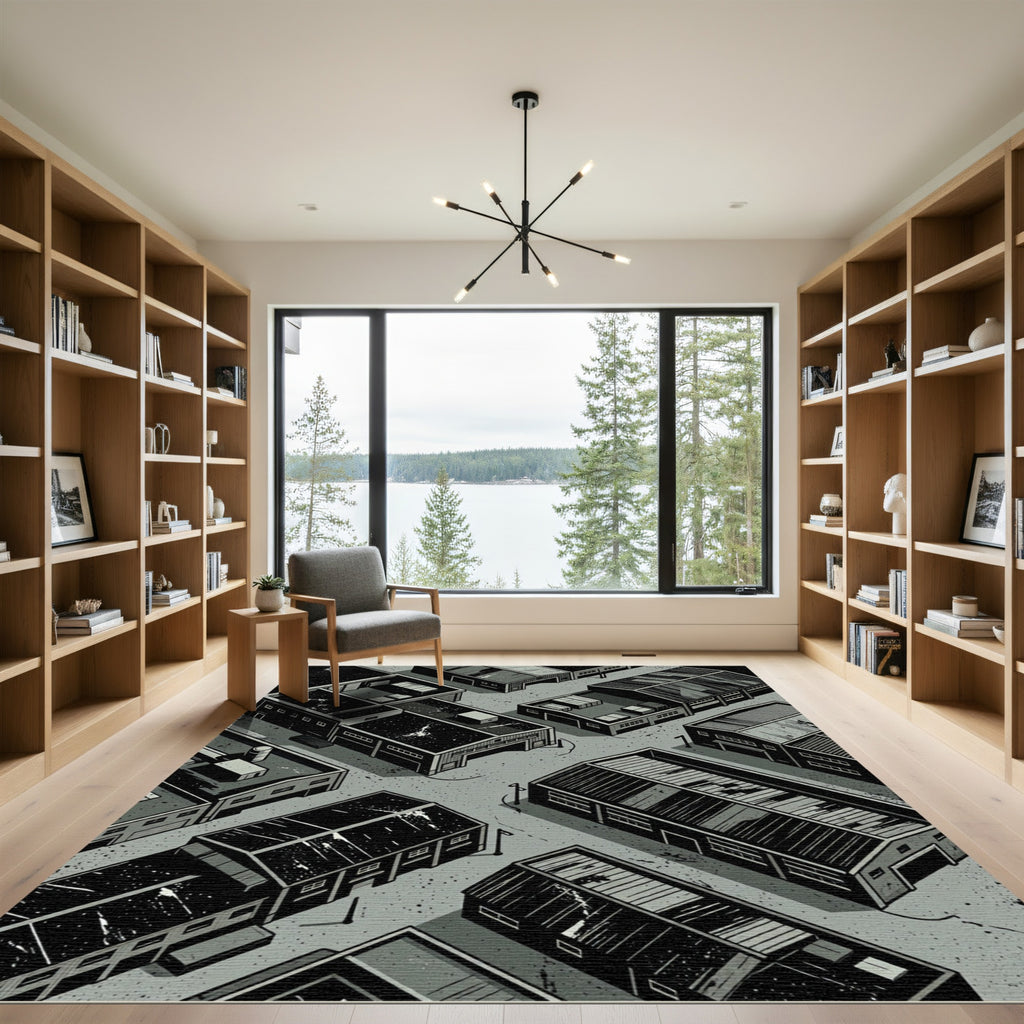 Industrial Monochrome Isometric Warehouse Landscape Rug