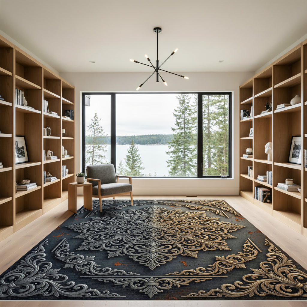 Ornate Metallic Silver and Gold Mandala Rug