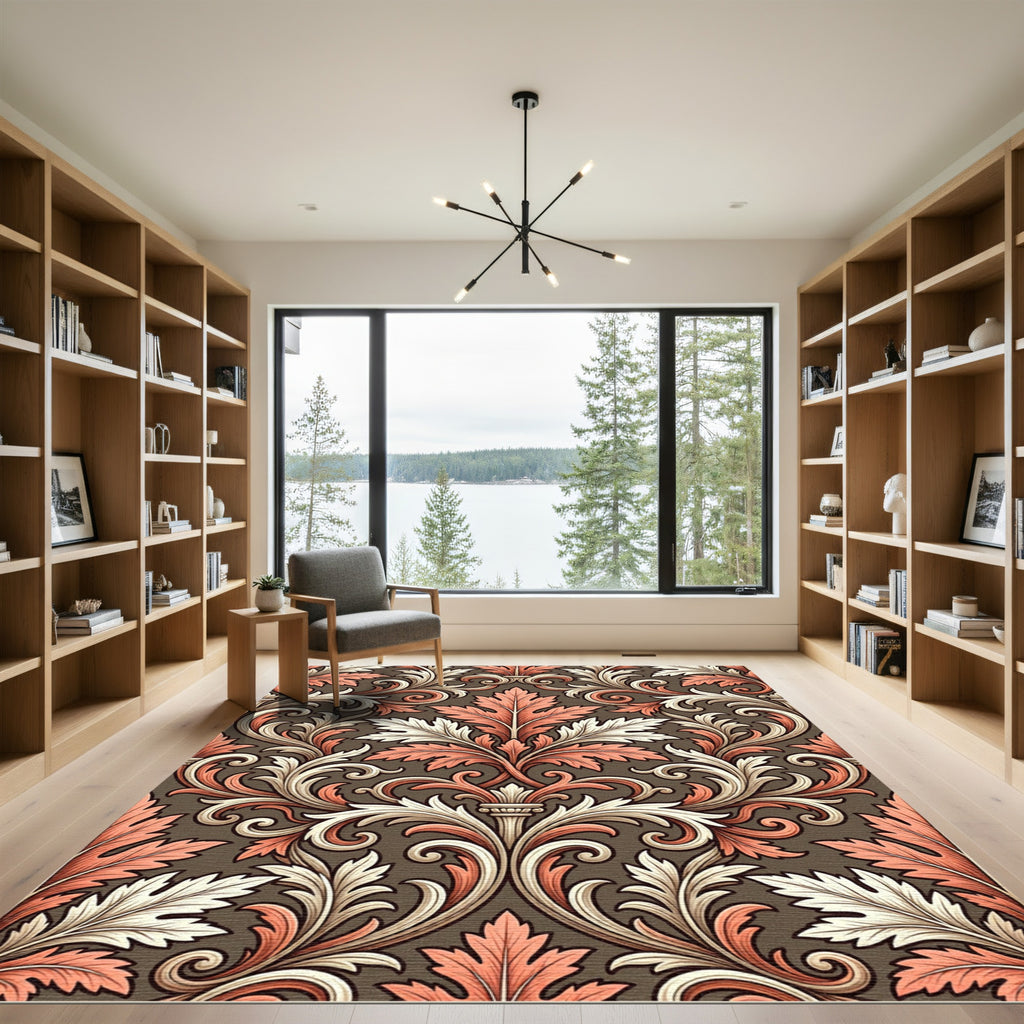 Coral White Leaf Scroll Work Rug