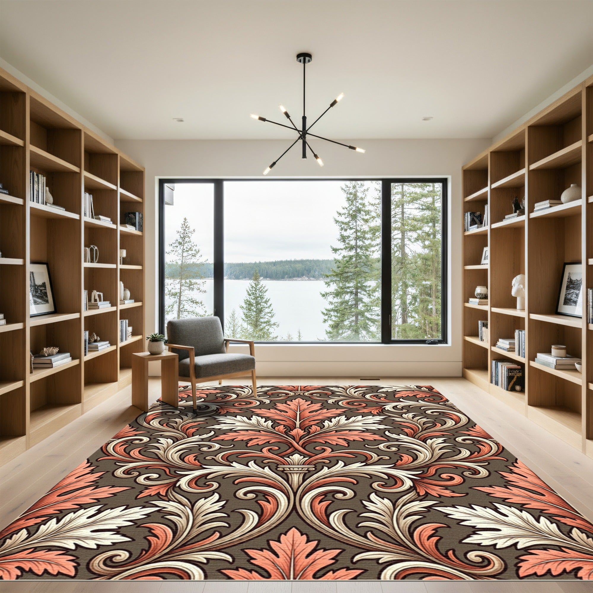 Coral White Leaf Scroll Work Rug
