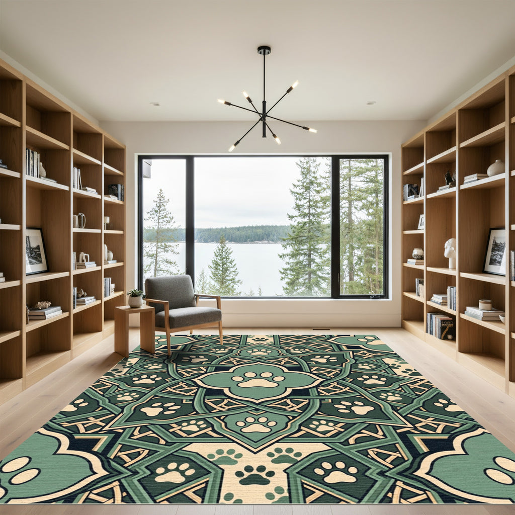 Sage Green Paw Print Medallion Interlace Rug