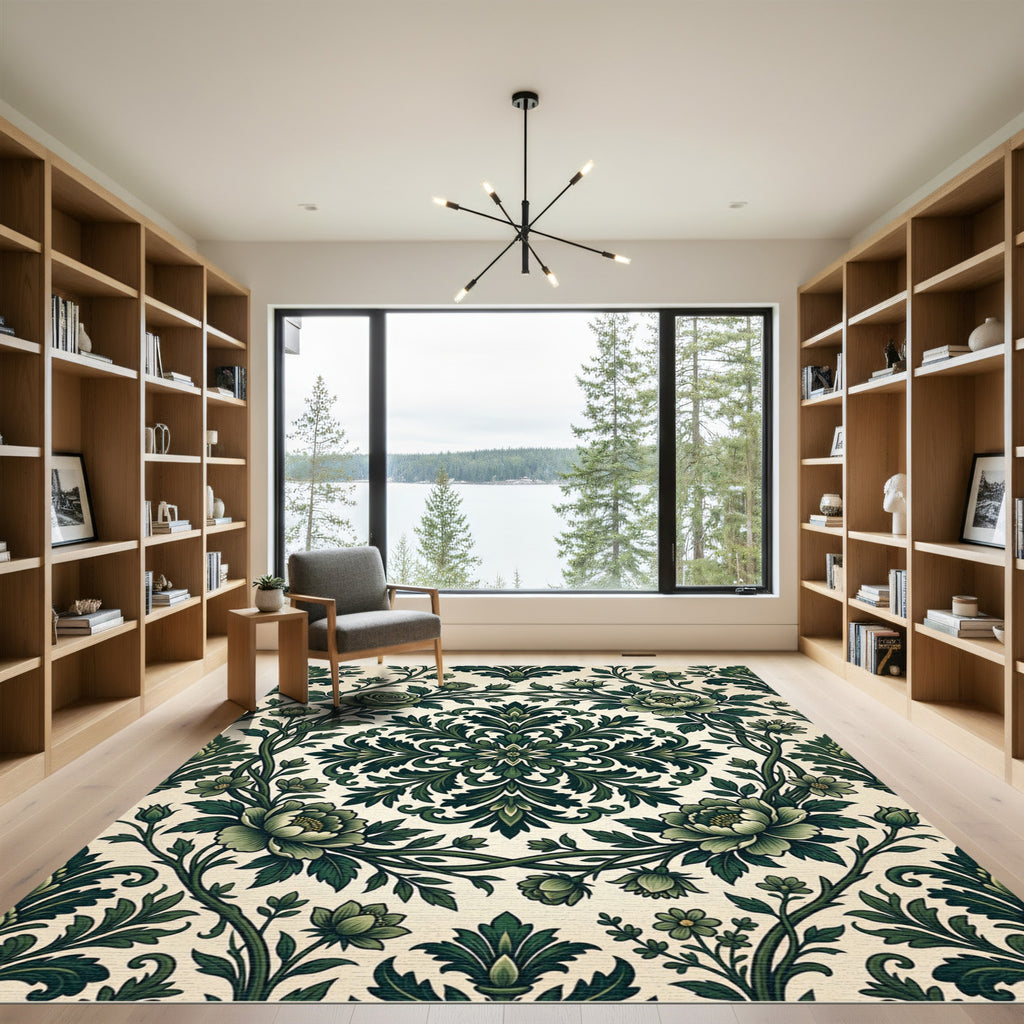 Dark Green Floral Damask Medallion Rug