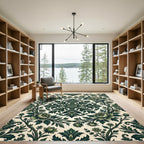Dark Green Floral Damask Medallion Rug